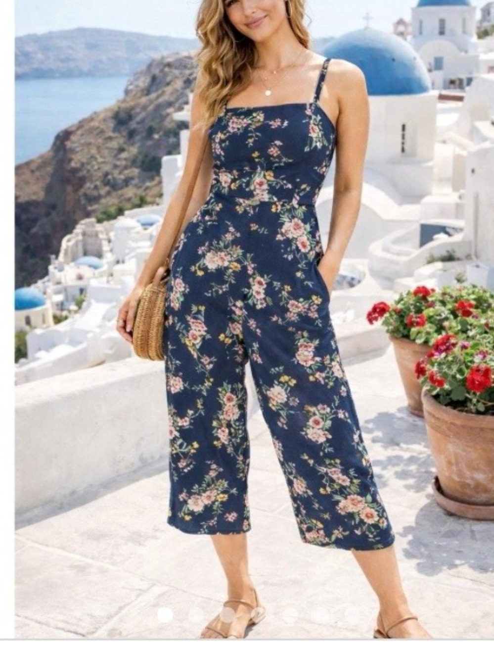 Old Navy Navy Floral Square-Neck Jumpsuit